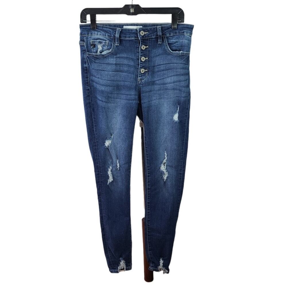 KanCan Button Fly Hi Rise Distressed Blue Denim Jeans 11 29